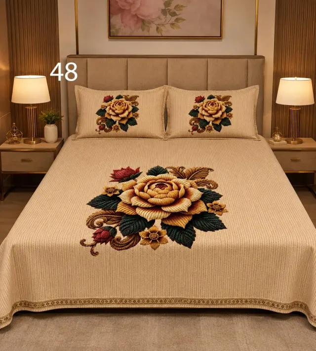 Beige Rose Embroidery Bedsheet Set