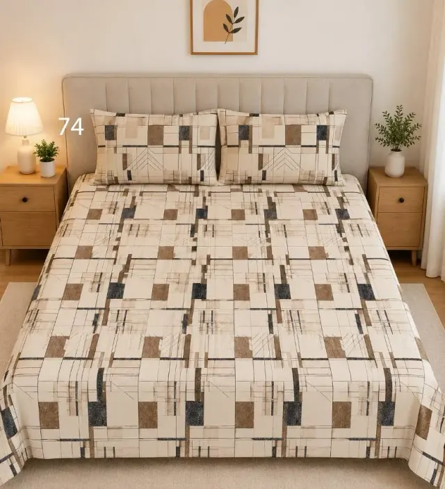 Beige Geometric Check Bedsheet Set
